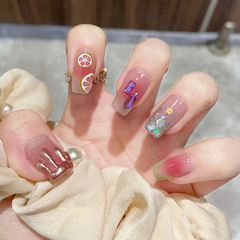 Wearable short ballet false nails, fresh lemon sparkling diamond nail stickers, complete set, wholesale and reusable.