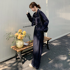 高级感港风牛仔套装女2025秋装新款复古时尚短外套阔腿裤两件套潮