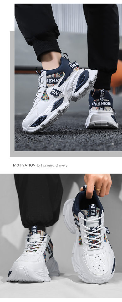 Giày sneaker nam cổ lửng đế dày tăng chiều cao, phối màu, dây buộc, cỡ lớn — Trắng kaki, Trắng xanh, Táo đỏ trắng chi tiết 16