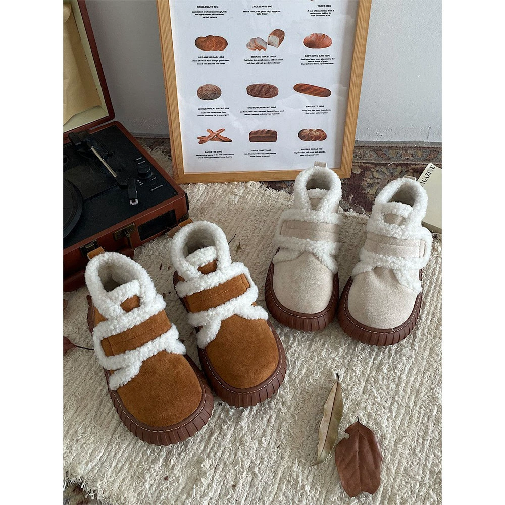 Женские модные Универсальные повседневные Северо-восточные зимние сапоги на толстой подошве, зима 2023 года, утолщенная пушистая хлопковая обувь на липучке на флисовой подкладке