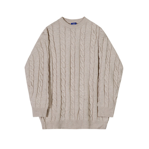 MYQ Round Neck Cable Knit Sweater for Men Autumn/Winter Korean Version Fashion Business Loose Hooded Topcoat for Layering