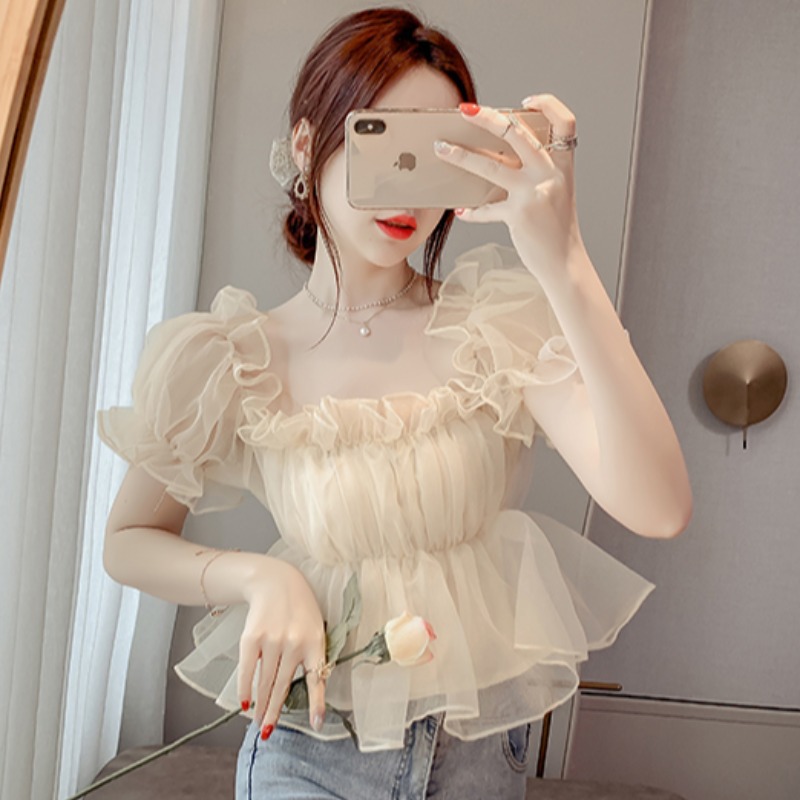 여자 어깨 쉬폰 셔츠 여름 뜨거운 소녀 디자인 틈새 프랑스 퍼프 슬리브 달콤한 짧은 탑 인터넷 인기