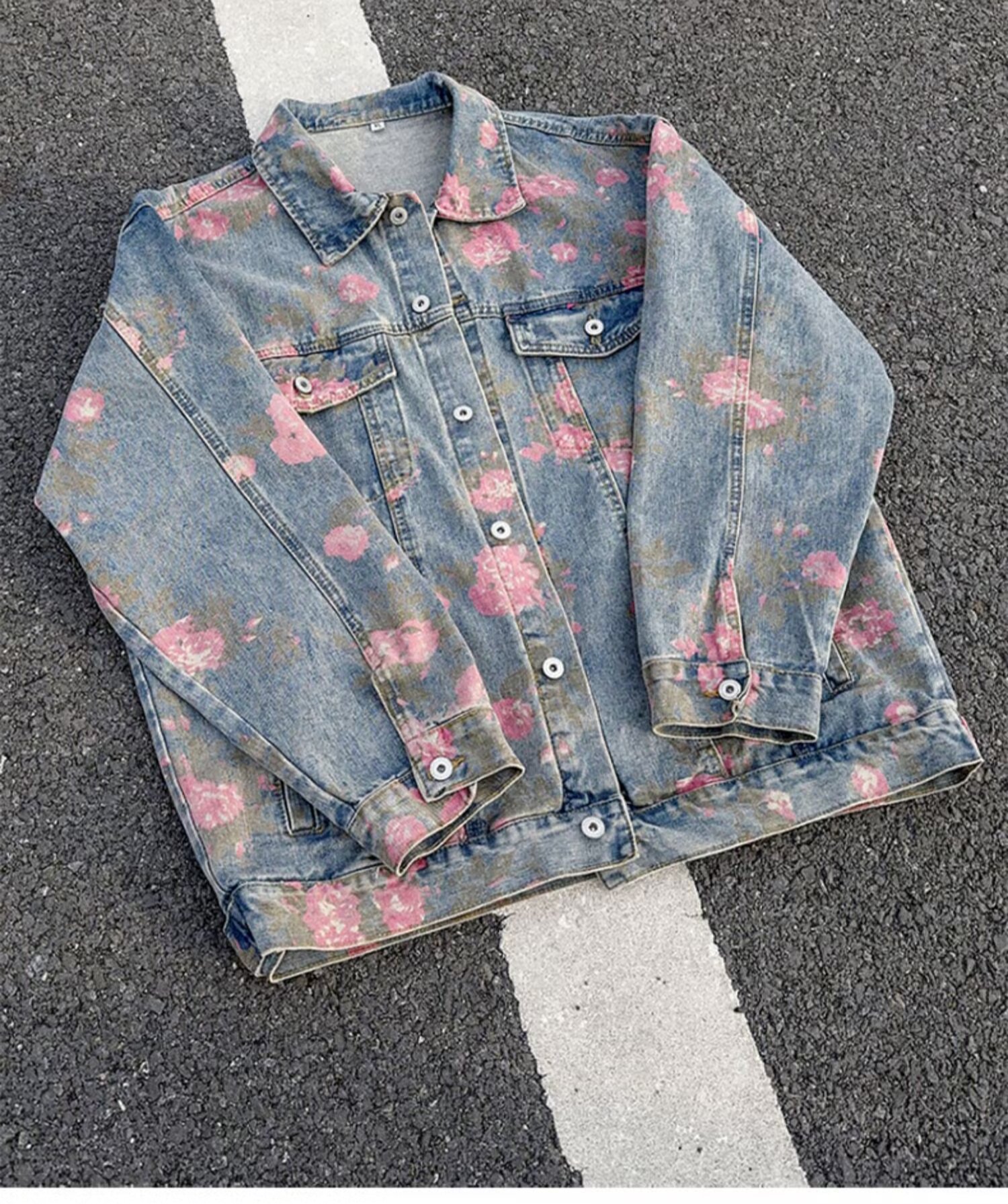 Men's Clothing Unisex Floral Print Denim Jacket Spring Autumn Trendy Designer Collared Workwear Jacket American High Street Style_mkmklike.com
