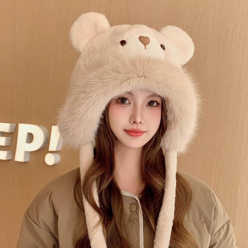 Plush Teddy Bear Hat for Girls - Autumn/Winter, Cute, Face-Smoothing, Windproof, Warm, Ear-Protecting, Versatile Pull-Over Hat