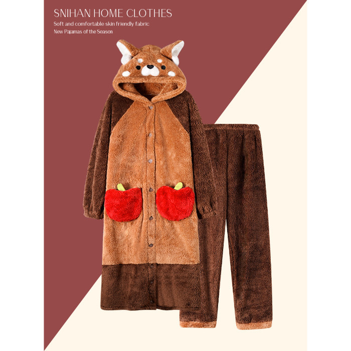 アライグマのかわいいアニメの寝衣の女性の冬のパジャマのサンゴの毛の厚い家の服のスーツ|undefined