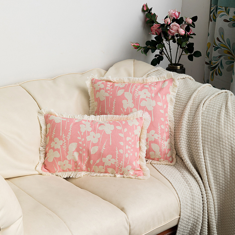 New Arrival Tassel Edge Decorative Plant Flower Cotton Linen Printed Pillowcase Home Decorative Sofa Cushion Cover_voghion.com
