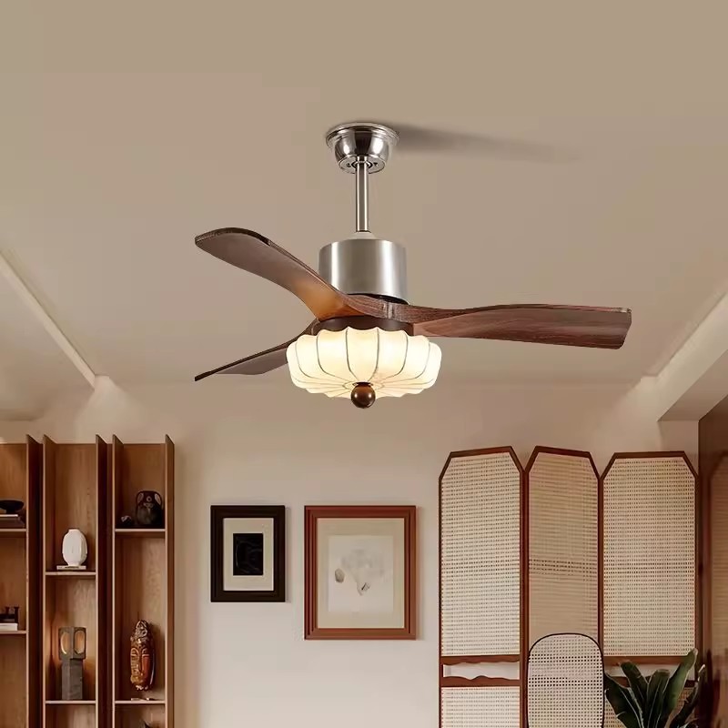 Fan Lamp Walnut 2025 New Style Medieval Restaurant Bedroom Lamp Retro Living Room Lamp Fabric Ceiling Fan Lamp Electric Fan Lamp