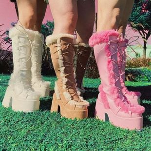 2022 autumn and winter new women's shoes fashion thick-soled furry boots high heel 40-46 size high heels women's boots