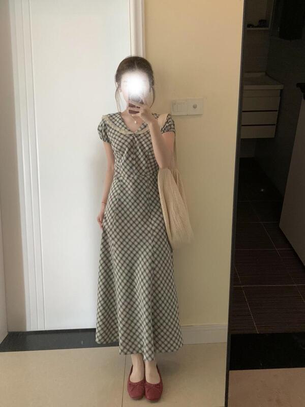 Beautifully Stylish Waist-Cinching Plaid Dress for Women, Summer Sweet and Fashionable Navy Collar Mid-Length A-Line Dress