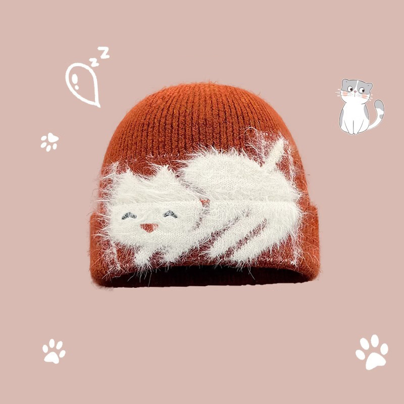 可爱毛绒小猫咪针织帽女韩版时髦百搭冷帽秋冬护耳毛线帽子包头帽|undefined