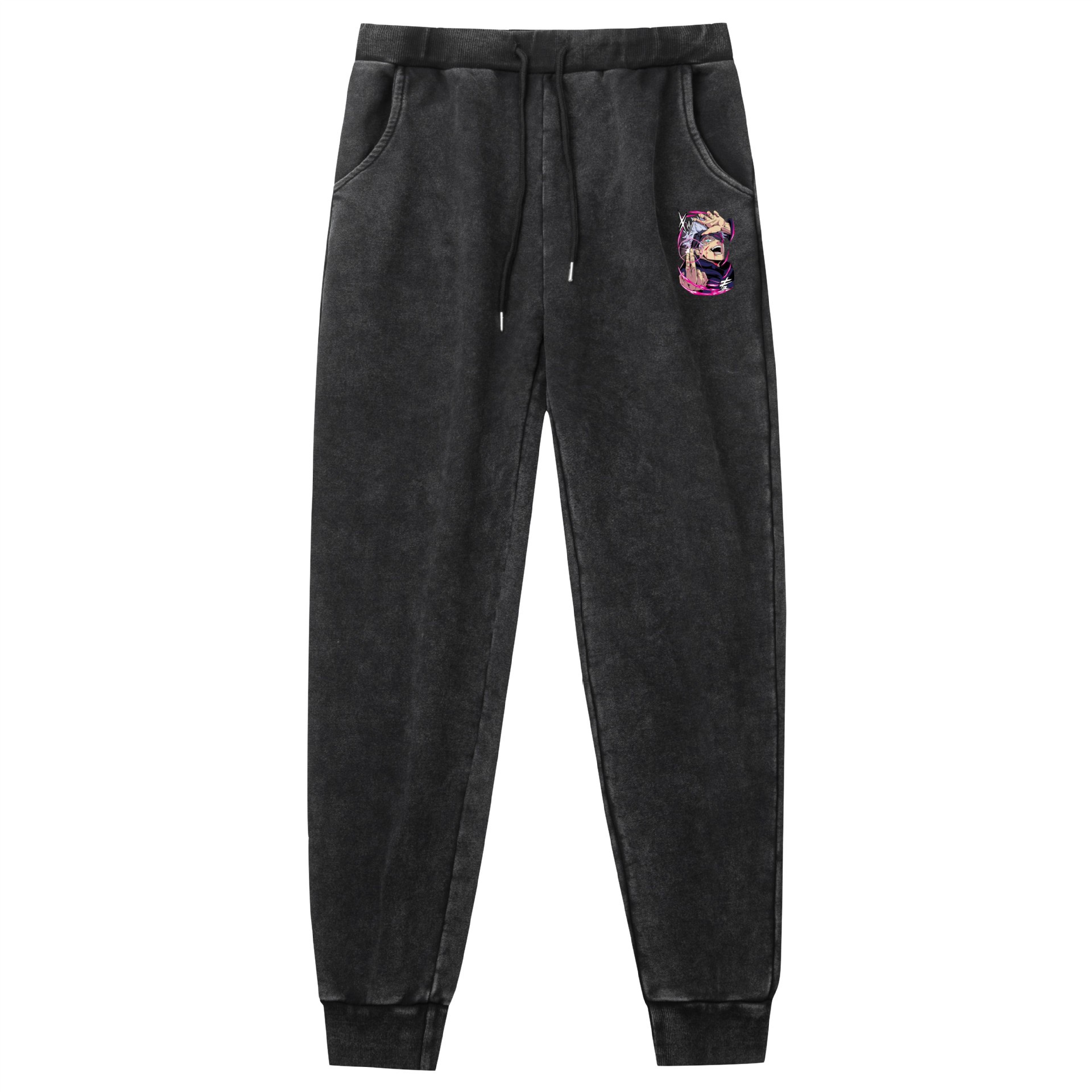 Lavado y desgastado pantalones retro negro trébol de cuatro hojas Black Clover venta caliente estampado al aire libre deportes de ocio