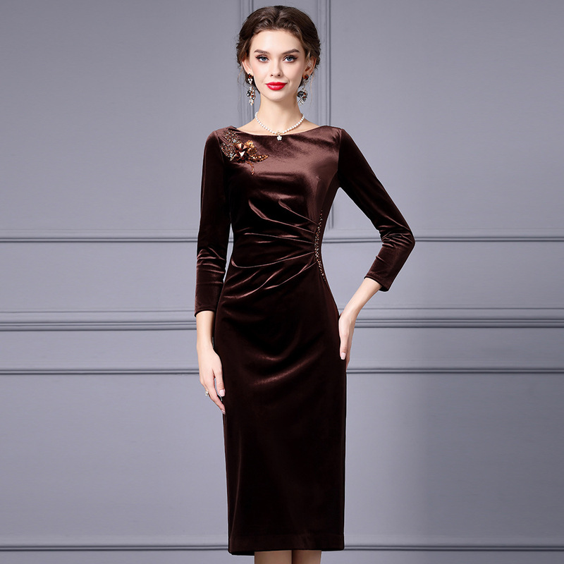 Zhili Winter Dress with Coat for Women, 2026 Spring New Style, Three-Dimensional Floral Appliqué, Mid-Length Velvet Dress