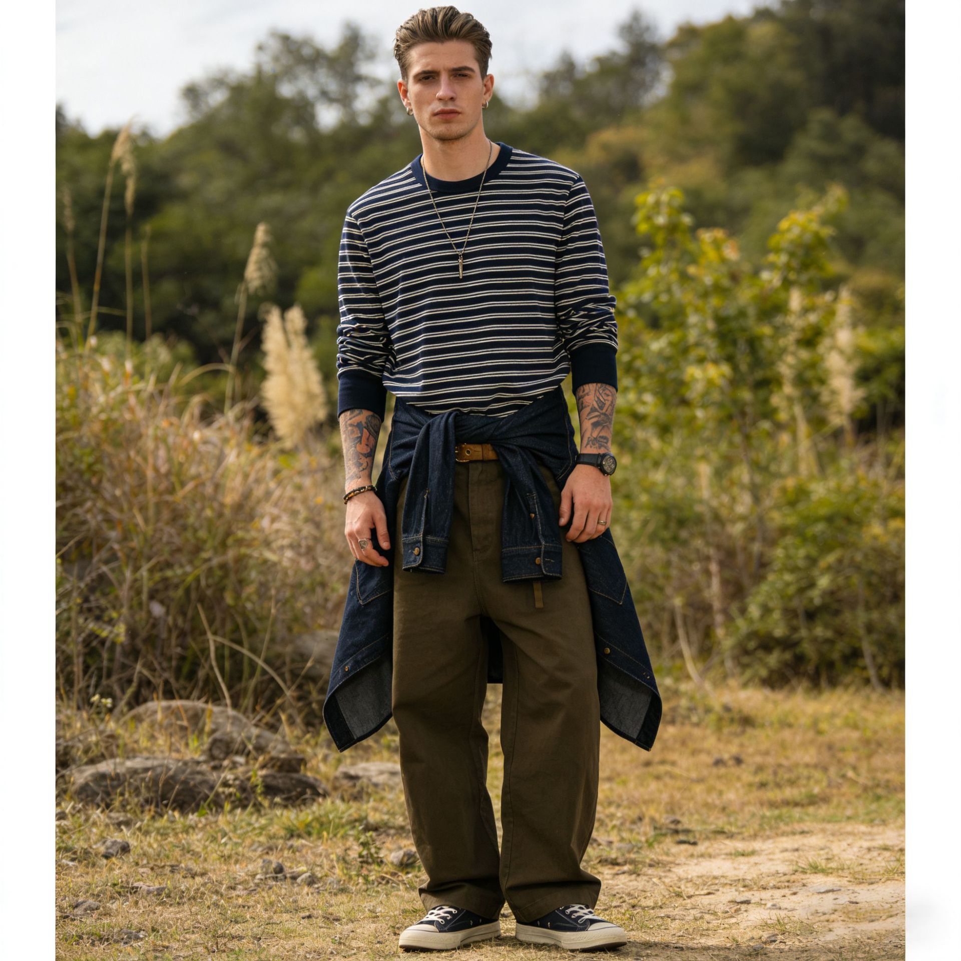 Nuevo OKONKWO 280G de algodón de los hombres pesados delgada a rayas de manga larga Camiseta Sea Spirit camisa ameikaji