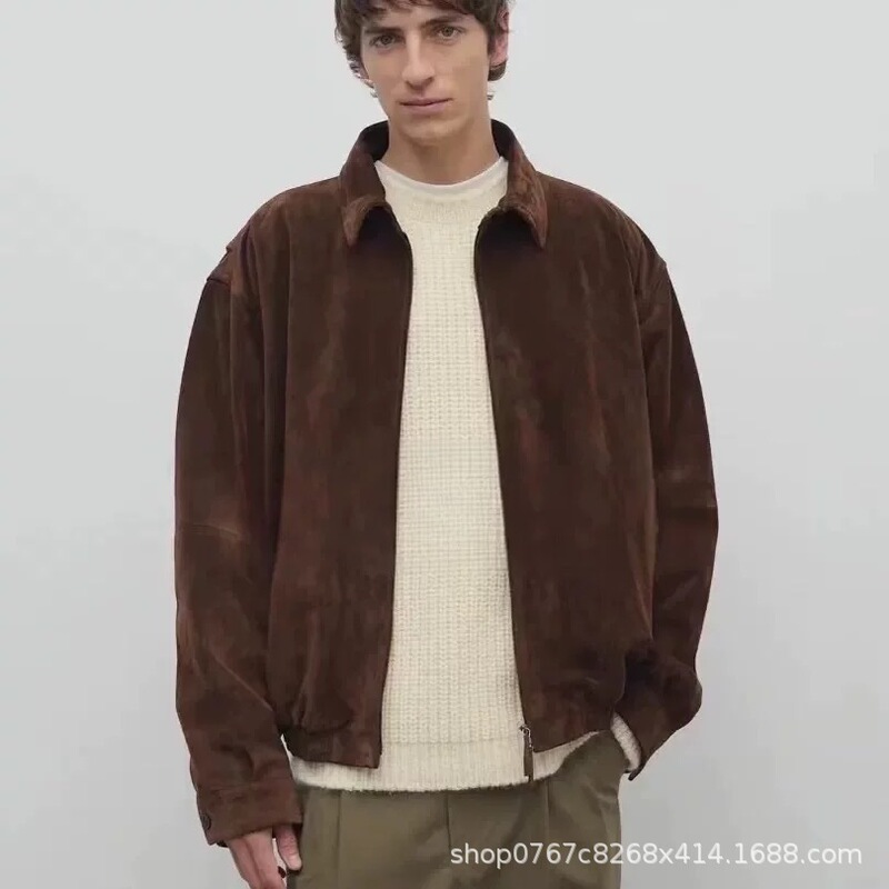In-Stock Solid Color Minimalist Row Suede Jacket with Reverse Suede Lapel Haining Leather Jacket Similar to Bieber Jenner Style In-Stock Solid Color Minimalist Row Suede Jacket with Reverse Suede Lapel Haining Leather Jacket Similar to Bieber Jenner Style