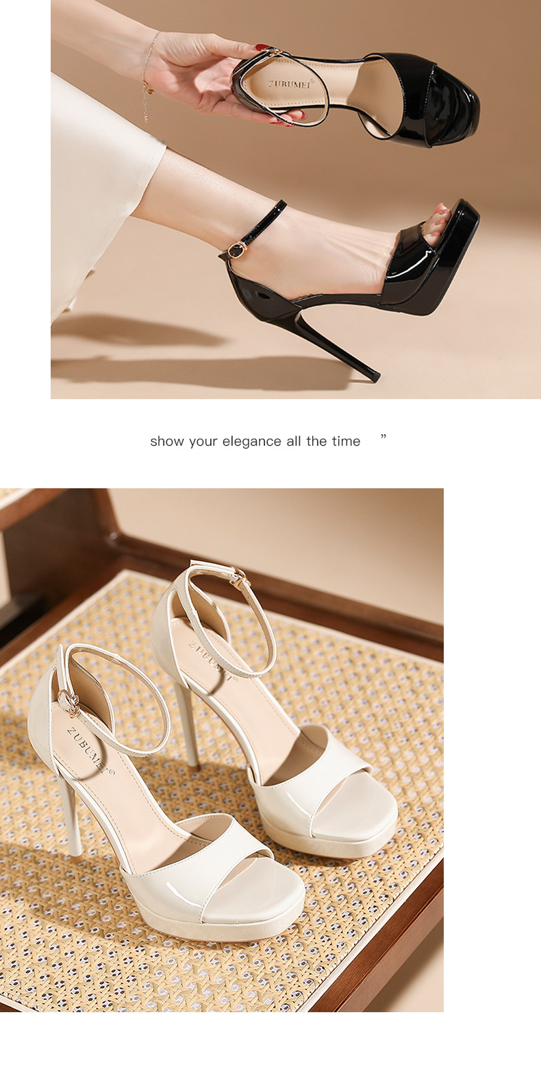 Sandal cao gót nữ mũi tròn quai ngang gót nhọn 12 cm — Nude-12cm chi tiết 7