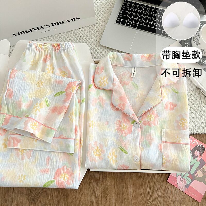With Chest Pads, Cloud Cotton Pajamas for Women, Spring and Autumn Long-Sleeved Pants, Sweet Home Wear, Lapel Women's Suit