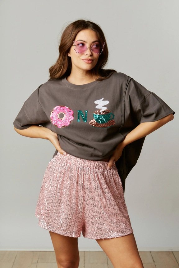 Women's T-shirt Short Sleeve T-Shirts Sequins Simple Style Cartoon Letter Donuts display picture 9