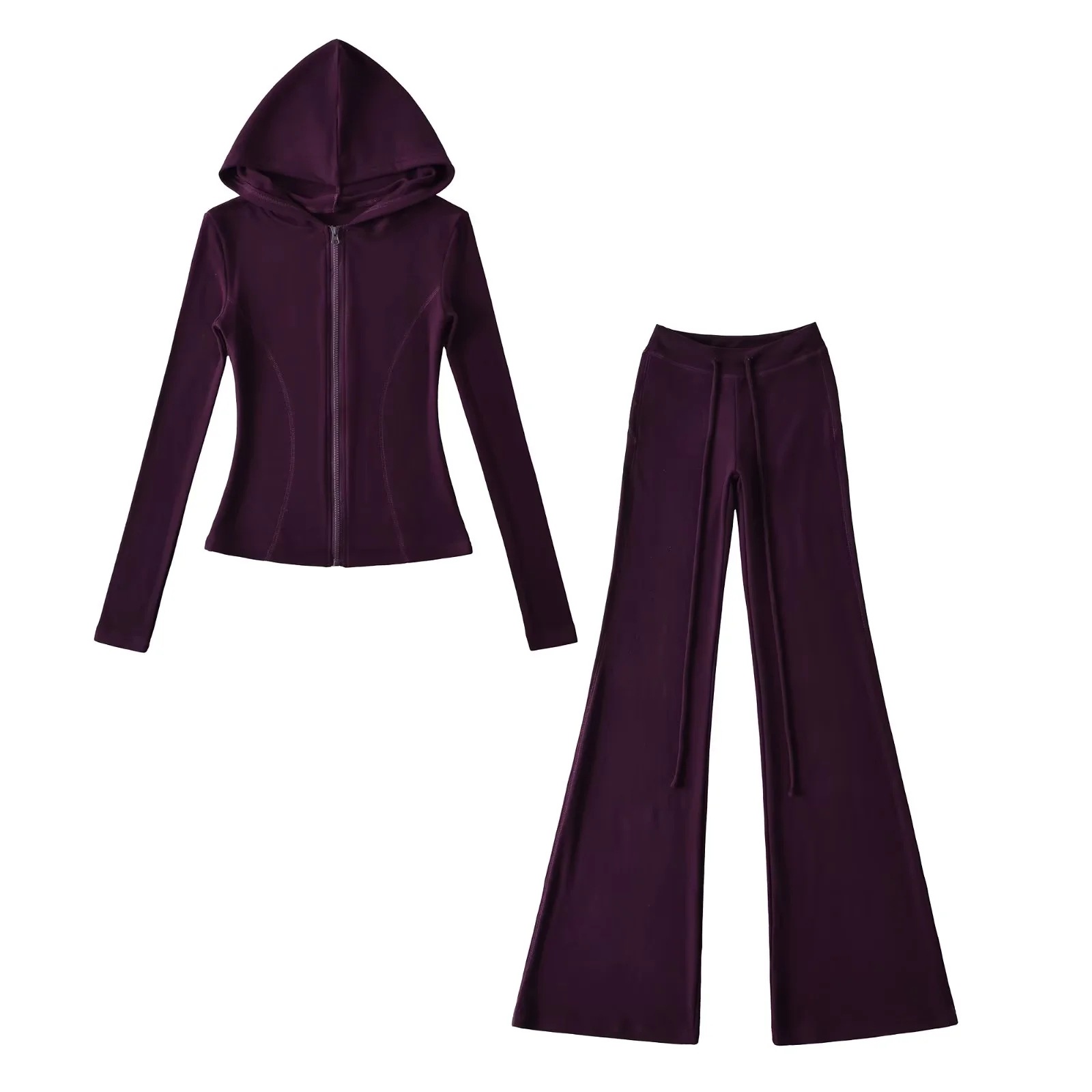 Korean Pink Sports Suit for Women in Autum, Waist-Cinching Hooded Fleece Jacket + Yoga Micro-Flared Pants for Women