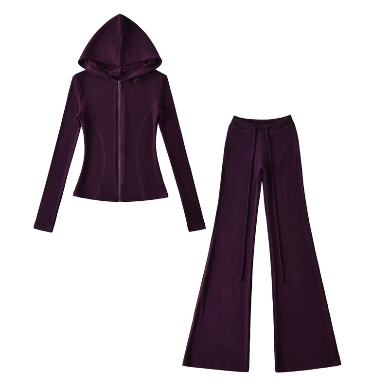 Korean Pink Sports Suit for Women in Autum, Waist-Cinching Hooded Fleece Jacket + Yoga Micro-Flared Pants for Women