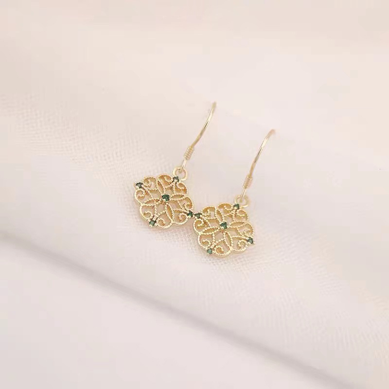 Vintage Palace Style Ear Hook Female Elegant Simple Hollow Emerald Earrings Fashion Trendy Hanfu Cheongsam Earrings