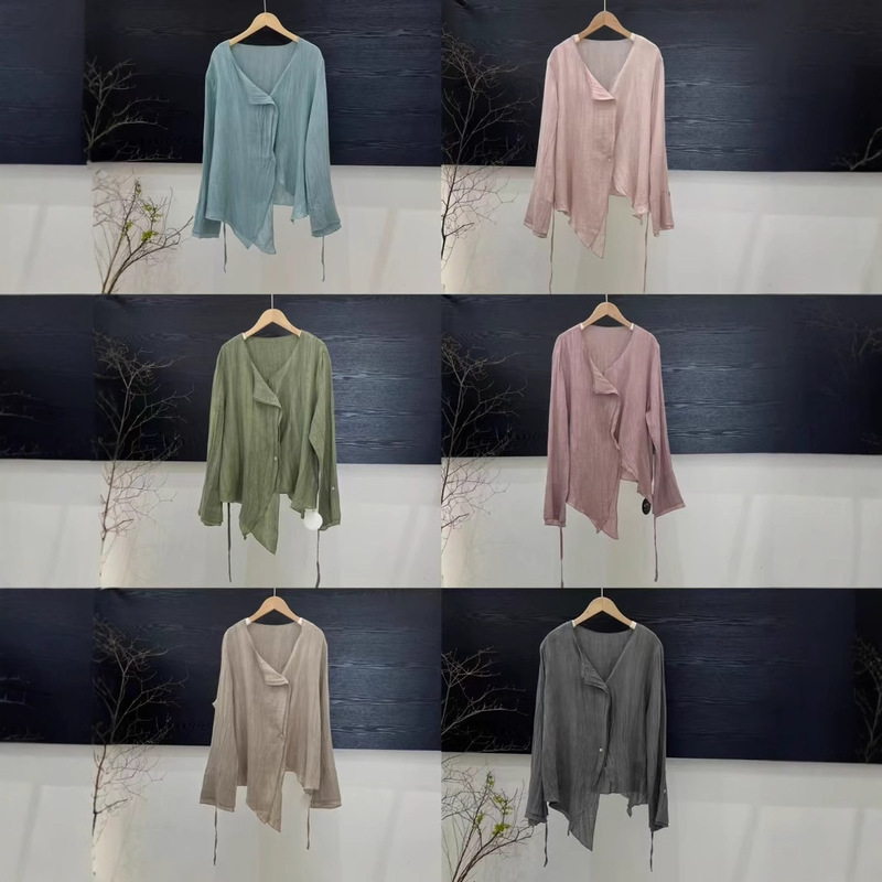 Spring and Summer New French Style Irregular Tie-Dye Tencel Ramie Shirt Women's Casual Loose W Long Sleeve Lace-Up Cardigan Women