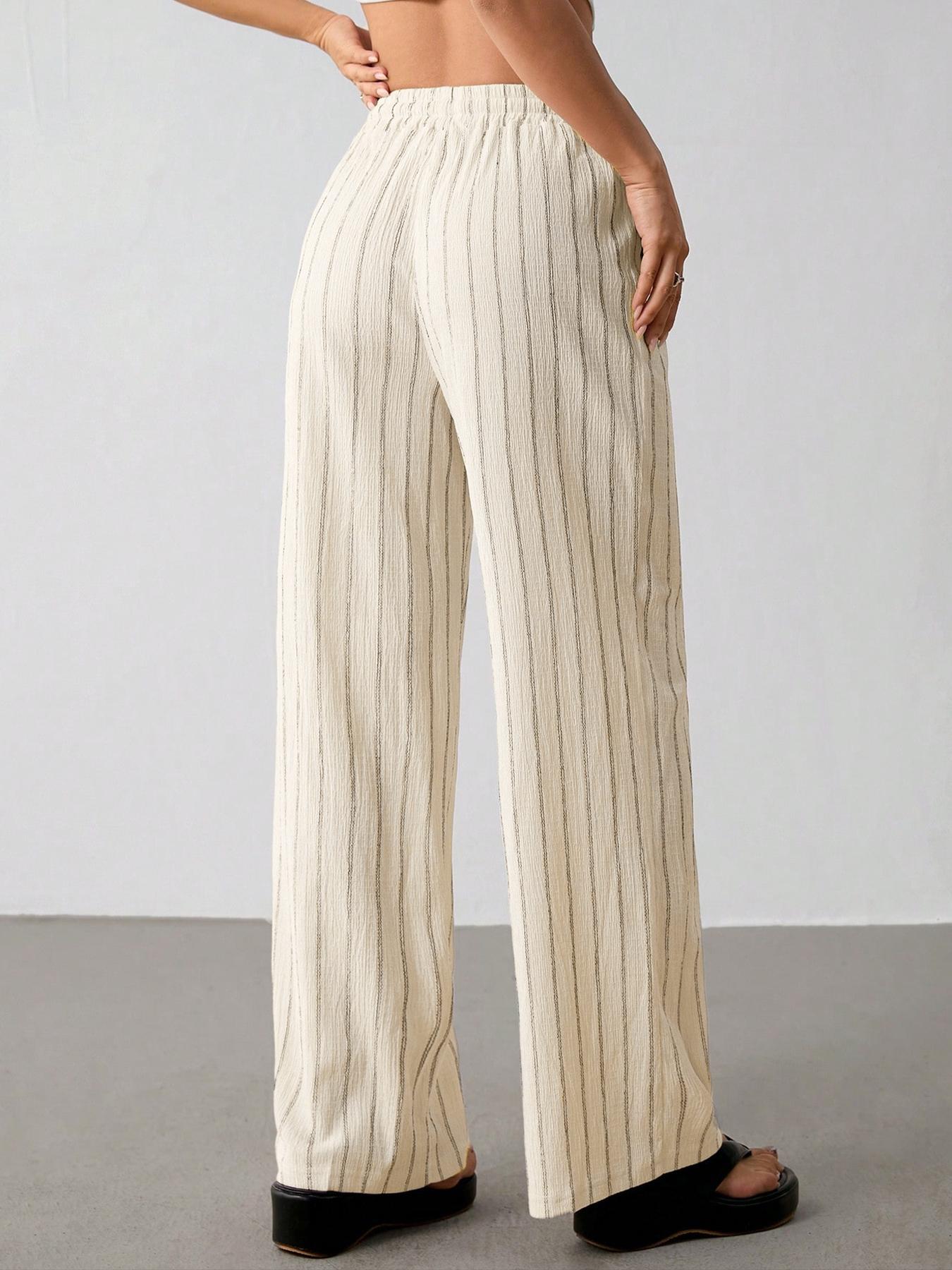 Damen Freizeithose Locker Gestreift Mit Elastischem Kordelzug_voghion.com