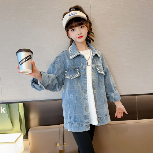 Girls' denim jacket autumn 2024 new spring and autumn stylish large children's girls' clothing spring and autumn children's top