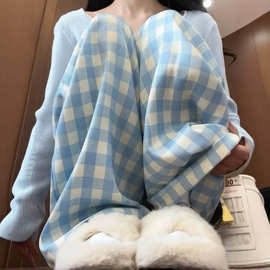 夏季薄款新款慵懒蓝色格子直筒裤女高腰显瘦宽松休闲百搭阔腿裤