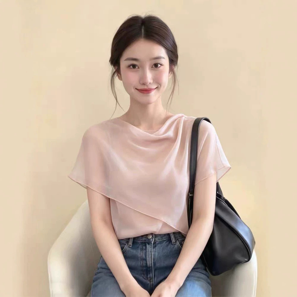 Áo sơ mi nữ tay ngắn cổ lắc choàng kiểu Pháp thiết kế sang trọng — màu hồng chi tiết 1