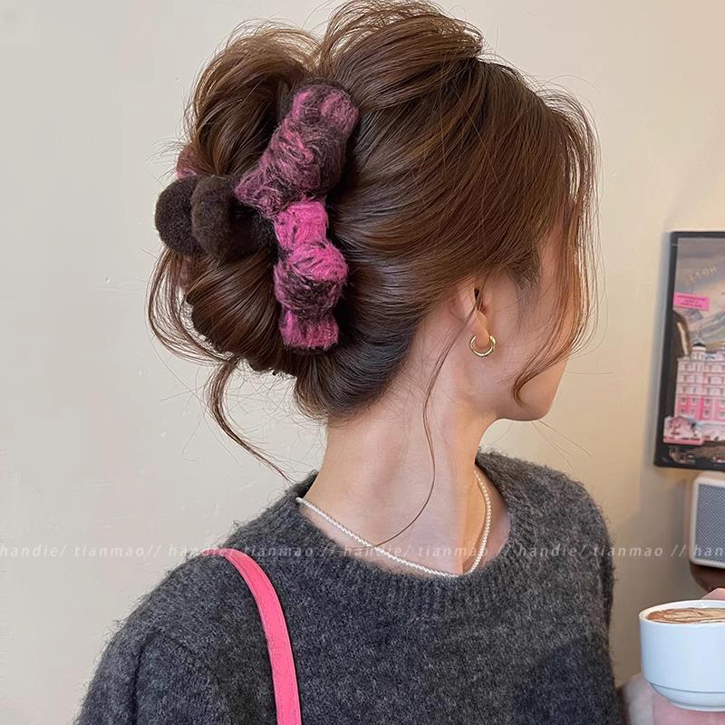 82#Pink brown woolen double bow about 13cm