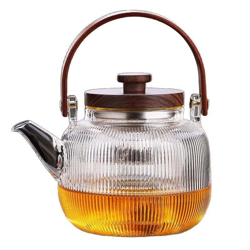批发高硼硅玻璃茶壶胡桃木盖子泡茶壶一件代发竖条纹提梁壶煮茶器|undefined