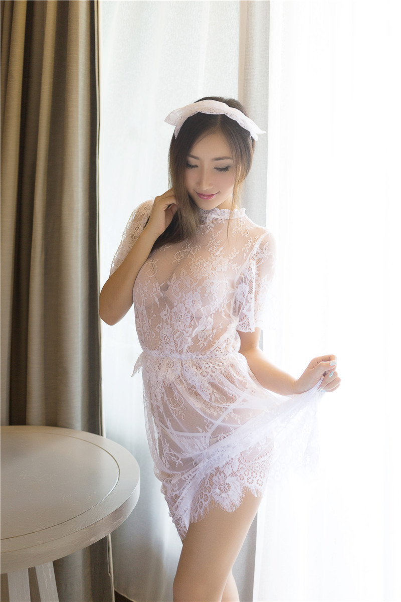 Transparent Lace Babydoll Set with Headpiece, Skirt and Thong, Black One Size — detail image 11
