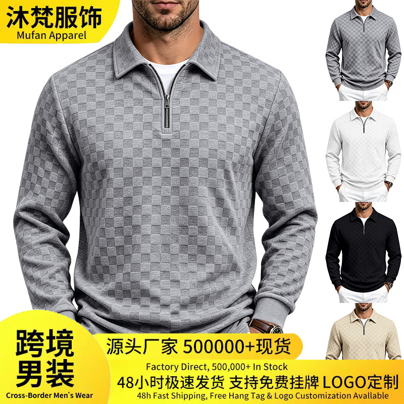 Cross-border Amazon Spring and Autumn Men's Checkered Jacquard Long-Sleeve Polo Shirt American Style Half-Zip Turn-Down Collar Casual Top