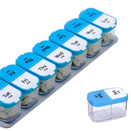 La nueva caja de medicamentos de 14 compartiones de HuDongkang, caja de medicamentos de plástico de 14 compartiones desmontable doble, caja de almacenamiento de plástico PP de grado alimenticio