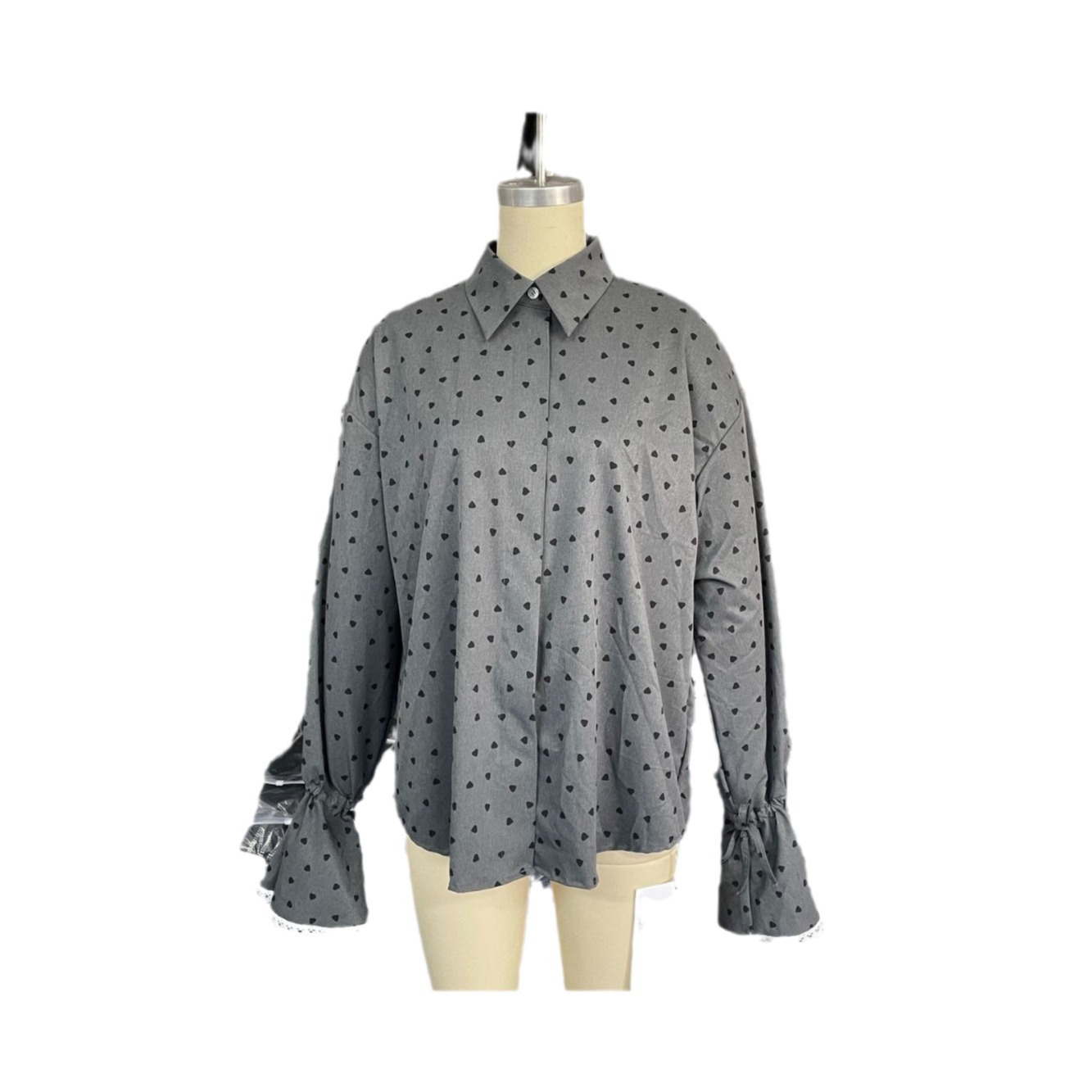 El Comercio exterior nuevo manguito de encaje costura camisa diseño de las mujeres de moda suelta Polka Dot solapa camisa de manga larga Otoño de las mujeres
