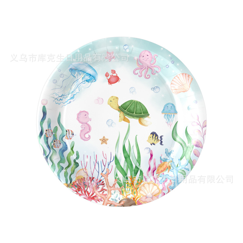 新款海洋动物生日派对餐具装饰一次性纸盘套装纸杯纸巾派对装饰品|undefined