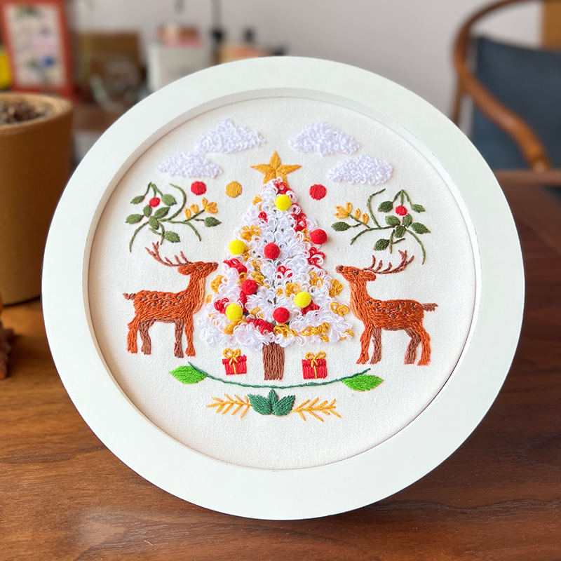 Papá Noel Elk Colgante Pintura Lu Bordado Hecho a mano Paquete de material de bricolaje Regalo creativo Cabaña redonda Colgante Pintura