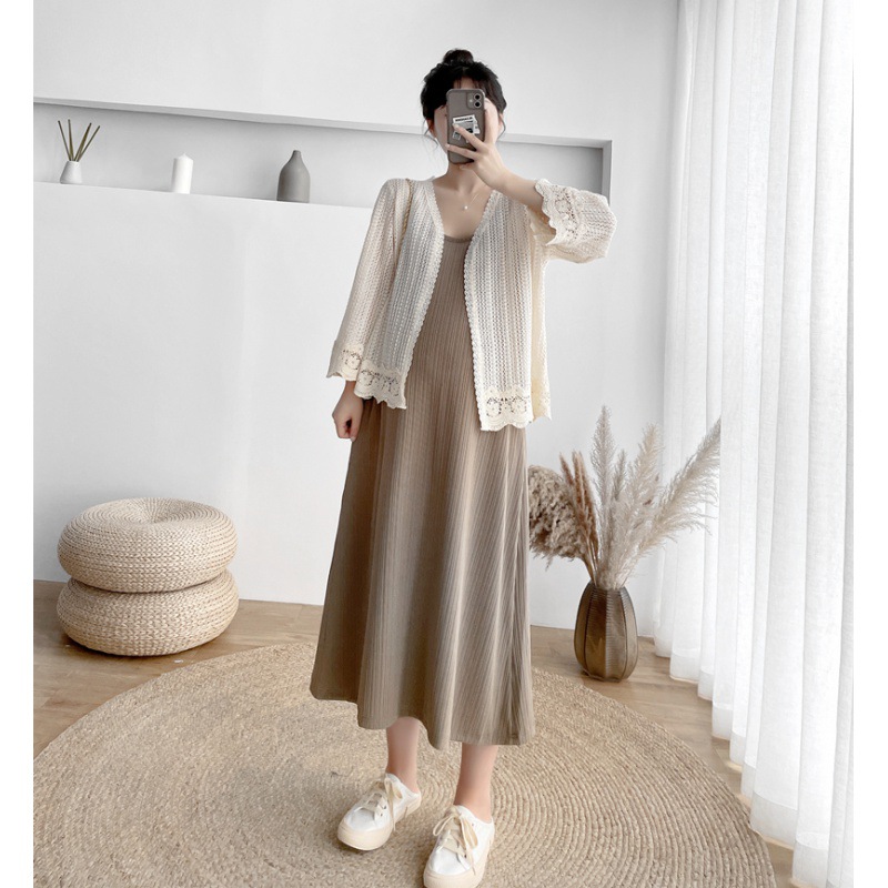 2022时尚甜美镂空开衫吊带孕妇两件套装 夏季韩版宽松背心中长裙