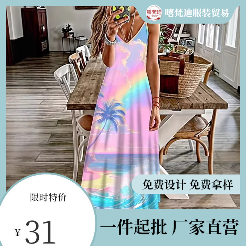 Cross-Border European and American 3D Digital Print Iridescent Hawaiian Beach Vibe Women's Pullover V-Neck Strap Dress Cross-Border European and American 3D Digital Print Iridescent Hawaiian Beach Vibe Women's Pullover V-Neck Strap Dress