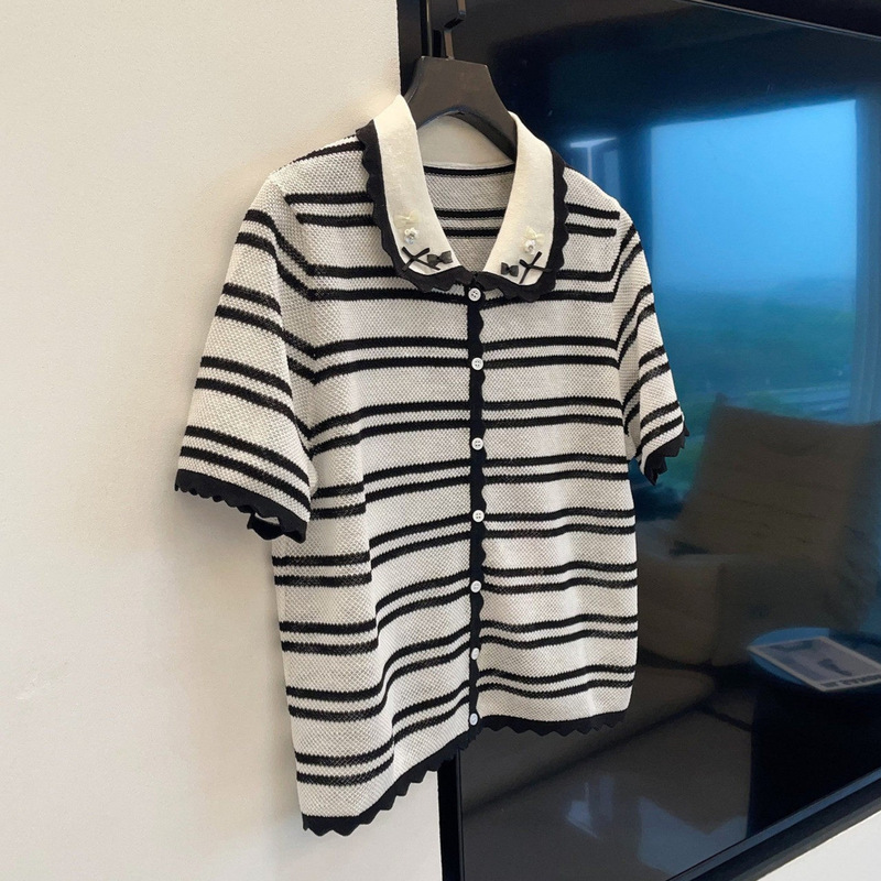 Miu Series Age-Reducing Style~Bowknot Beaded Polo Collar Striped T-Shirt for Women with Contrasting Color Short-Sleeved Knitted Cardigan Miu Series Age-Reducing Style~Bowknot Beaded Polo Collar Striped T-Shirt for Women with Contrasting Color Short-Sleeved Knitted Cardigan
