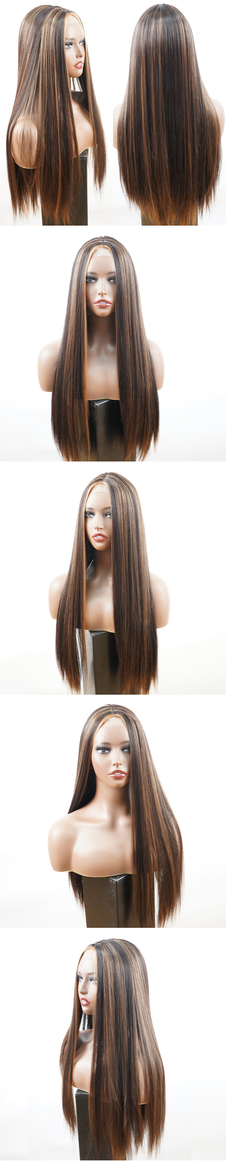 Synthetic wig Front lace split color long hair straight elastic mesh wigs_voghion.com