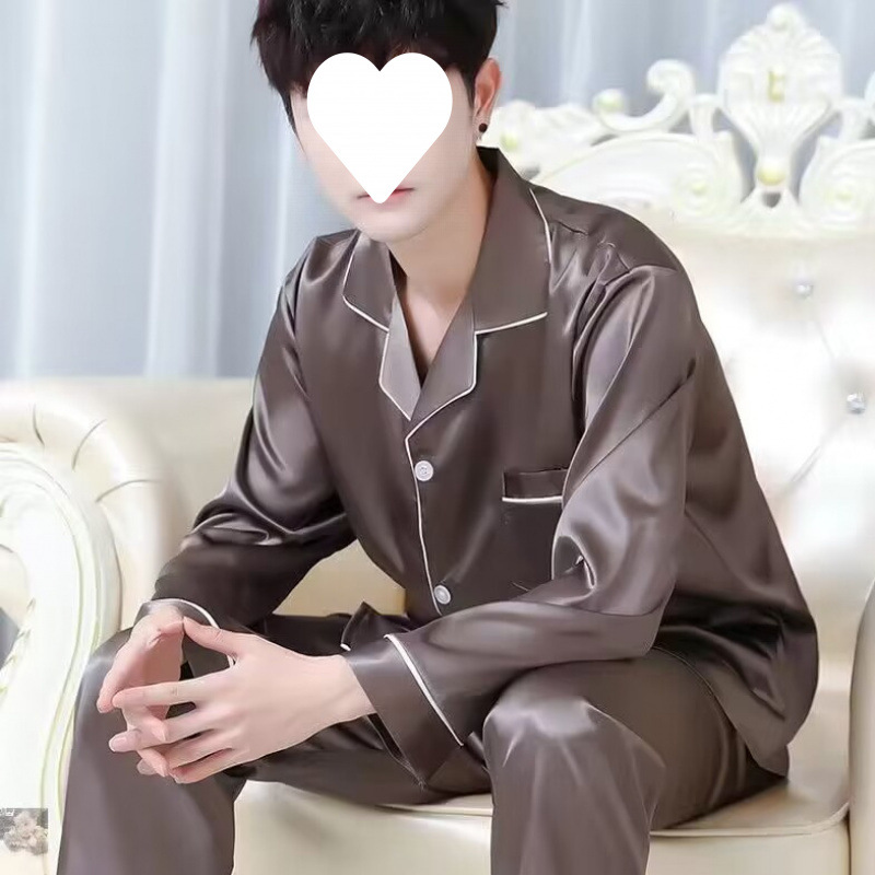 남성용 잠옷 봄, 가을 얼음 실크 긴팔 얇은 루즈 스타일 청년 및 중년 남성 잠옷 캐주얼 실크 가정복 세트