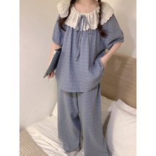 韩国ins甜美花边娃娃领小波点睡衣可爱女夏季短袖长裤家居服套装