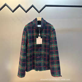 高版本miu家26早春新撞色格纹拉链摇粒绒外套宽松百搭男女同款