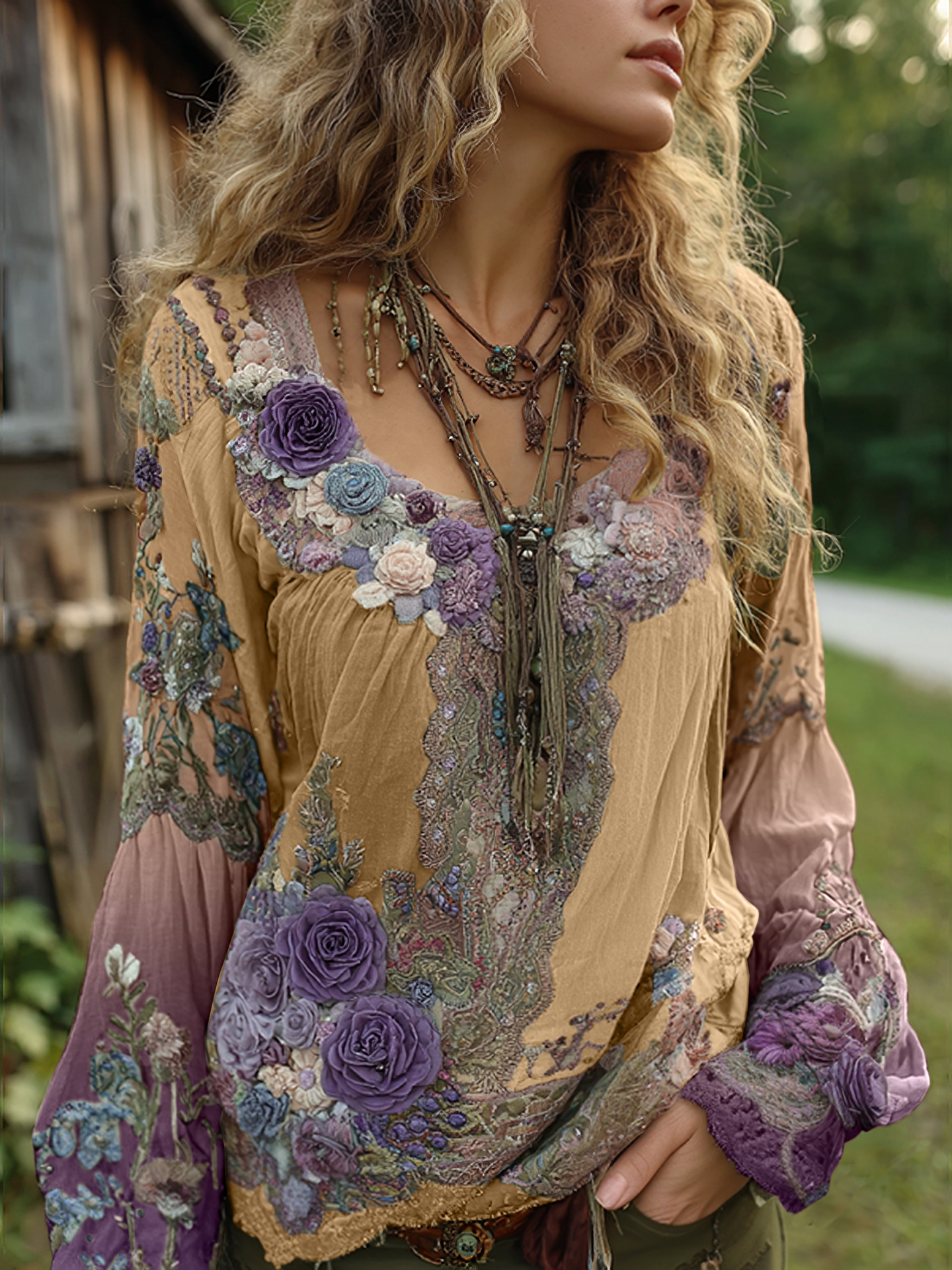 3D Printed Women's Round Neck Long Sleeve Vintage Bohemian Top_ecoleips.com