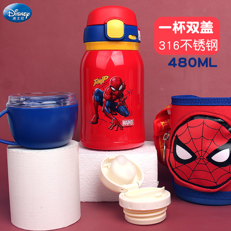 Детская термокружка Marvel Spider-Man с трубочкой, двойной крышкой, из нержавеющей стали, с чехлом, для девочек начальной школы.