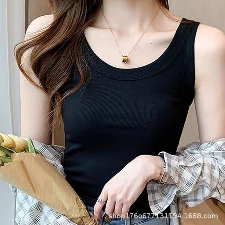 One-Piece Threaded Tank Top for Women, Winter Anti-Exposure, Side Breast Control, Solid Color, Slim Fit, Simple and Beautiful Back Design, Camisole Tank Top