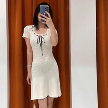 法式甜美高级设计感绑带方领针织连衣裙女收腰显瘦小香风A字短裙