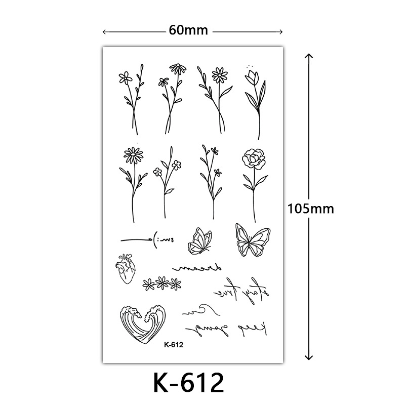 Pequeñas pegatinas de tatuaje frescas letras inglesas flores mariposas líneas de boceto pegatinas de tatuaje impermeables tatuaje