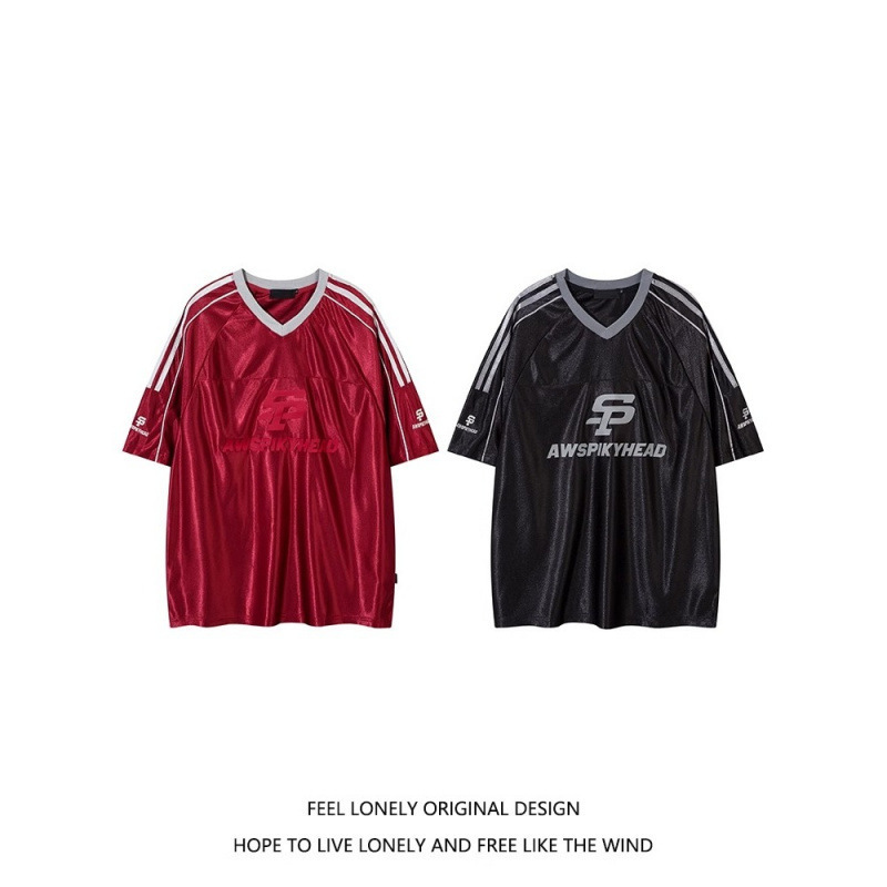 Uncmhisex 2025 Summer New American Sports Retro Three-Stripe Uniform Loose-Fitting Satin T-Shirt for Men and Women